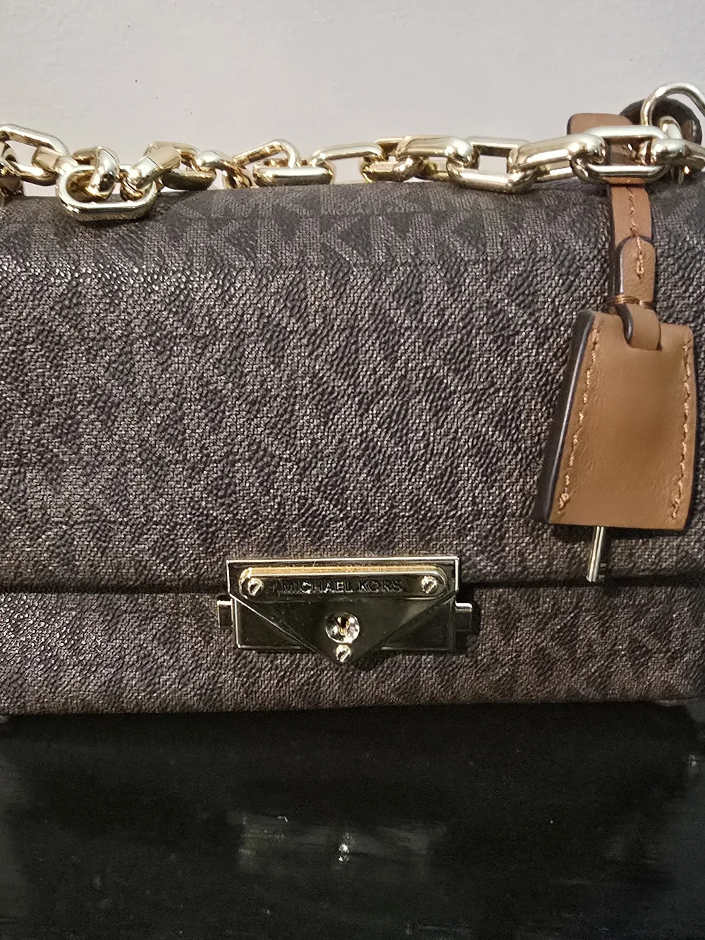brown Michael Kors Cece Medium Logo Shoulder Bag Gold Chain Strap